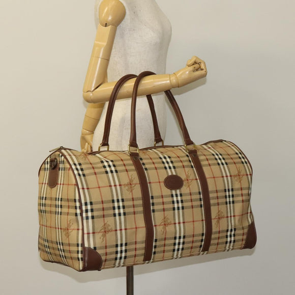 Burberrys Nova Check Boston Bag PVC Leather Beige Gold Auth 129404