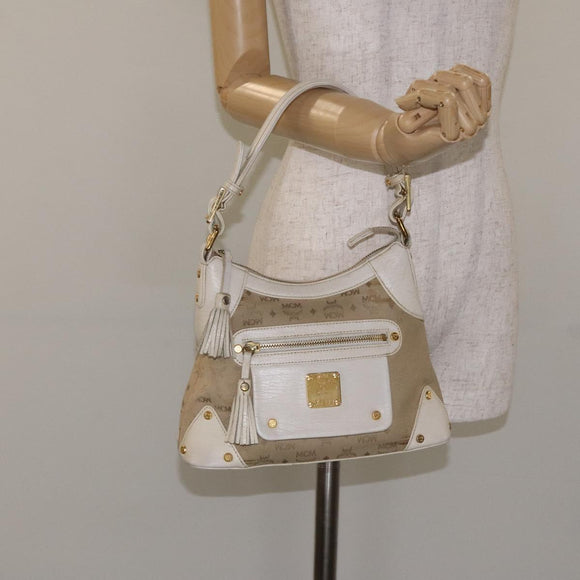 MCM Vicetos Logogram Shoulder Bag Canvas Beige Gold Auth 129427