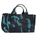 PRADA Canapa MM Hand Bag Canvas Blue Silver Camouflage Auth 129470-1