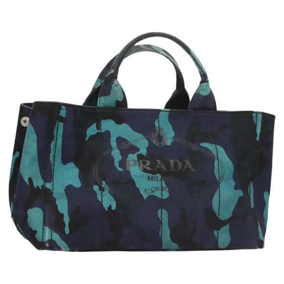 PRADA Canapa MM Hand Bag Canvas Blue Silver Camouflage Auth 129470