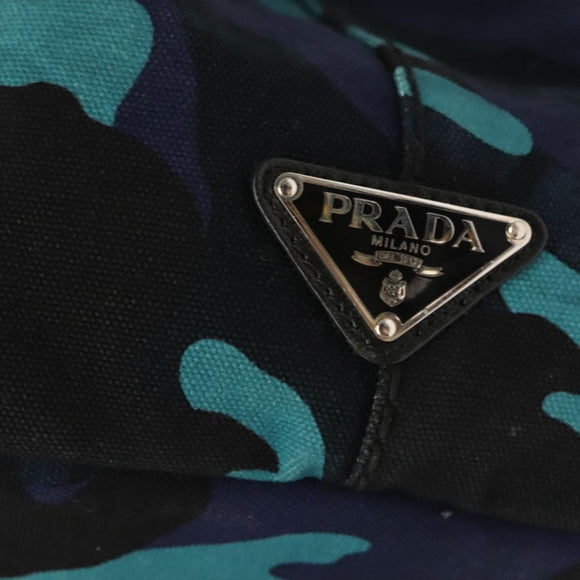 PRADA Canapa MM Hand Bag Canvas Blue Silver Camouflage Auth 129470