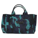 PRADA Canapa MM Hand Bag Canvas Blue Silver Camouflage Auth 129470-2