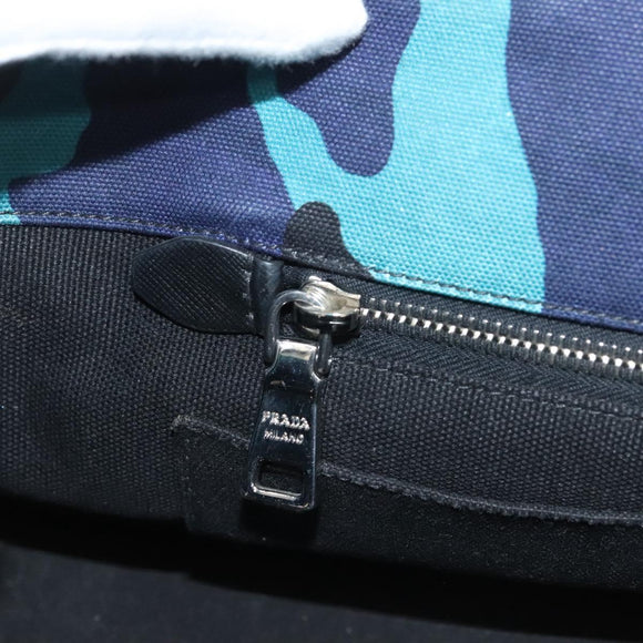 PRADA Canapa MM Hand Bag Canvas Blue Silver Camouflage Auth 129470