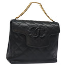 CHANEL Matelasse COCO Mark Chain Hand Bag Lamb Skin Black Gold CC Auth 129531V-1