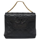 CHANEL Matelasse COCO Mark Chain Hand Bag Lamb Skin Black Gold CC Auth 129531V-13