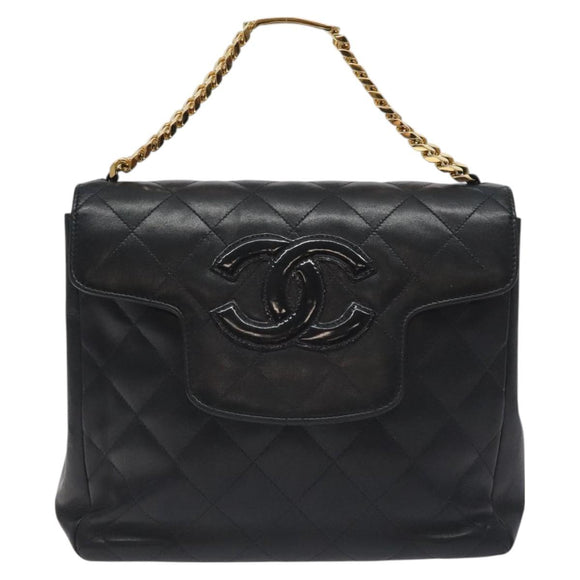 CHANEL Matelasse COCO Mark Chain Hand Bag Lamb Skin Black Gold CC Auth 129531V