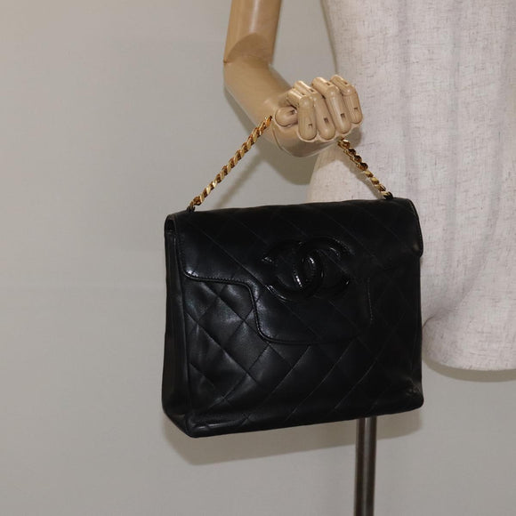 CHANEL Matelasse COCO Mark Chain Hand Bag Lamb Skin Black Gold CC Auth 129531V