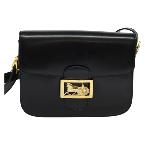 CELINE Shoulder Bag Leather Black Gold Auth 129540
