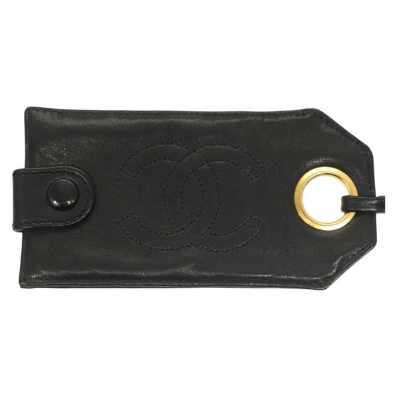CHANEL COCO Mark Name Tag Lamb Skin Black CC Auth 129545