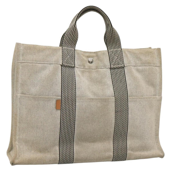 HERMES New Fourre Tout MM Hand Bag Canvas Beige Silver Auth 129568