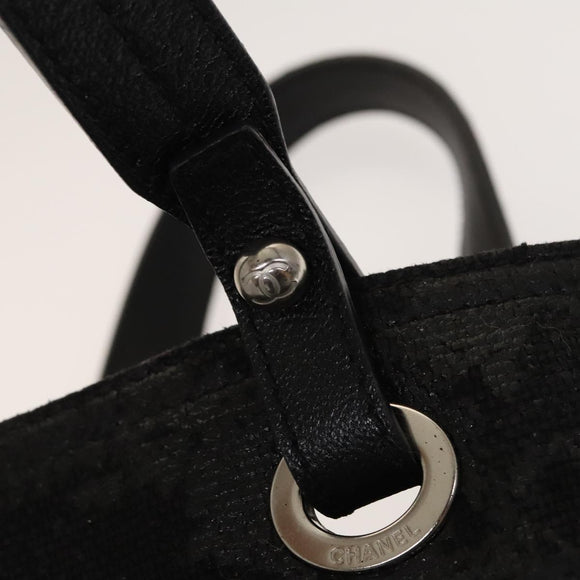 CHANEL Paris Biarritz Tote Bag Coated Canvas Black Silver CC Auth 129603