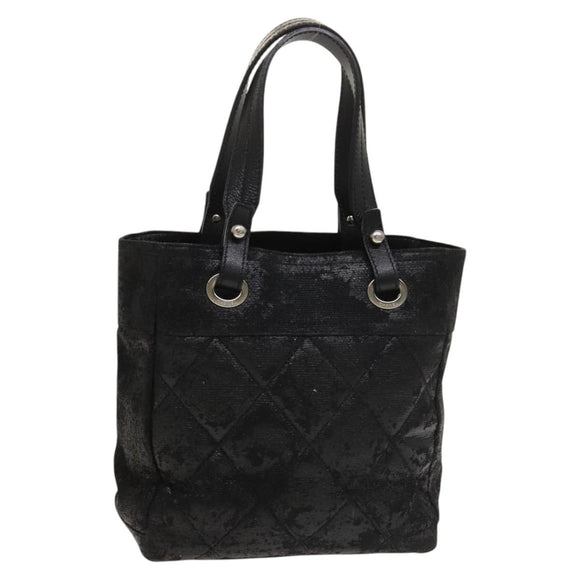 CHANEL Paris Biarritz Tote Tasche beschichtete Leinwand Schwarz Silber CC Auth 129603