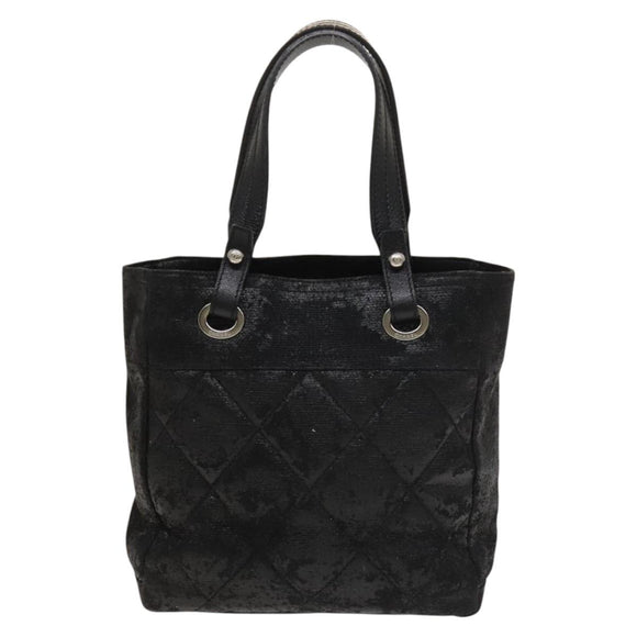 CHANEL Paris Biarritz Tote Tasche beschichtete Leinwand Schwarz Silber CC Auth 129603