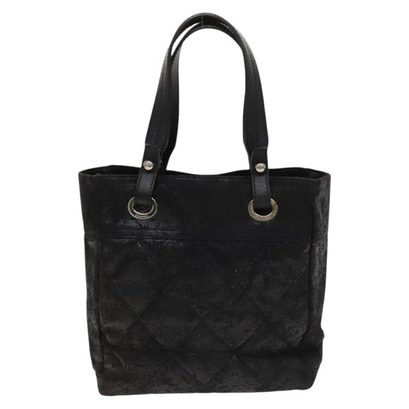 CHANEL Paris Biarritz Tote Tasche beschichtete Leinwand Schwarz Silber CC Auth 129603