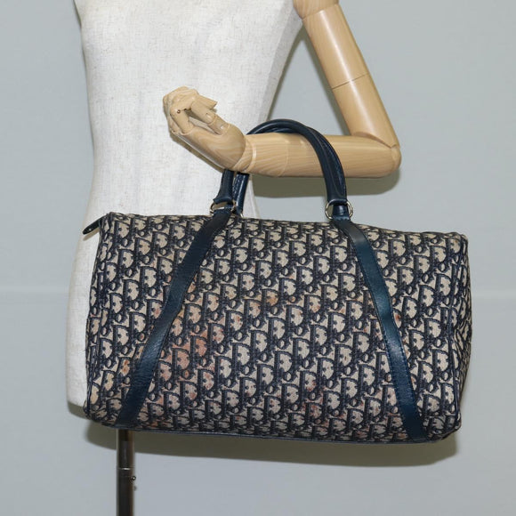 Christian Dior Trotter Canvas Boston Bag Navy Silver Auth 129623