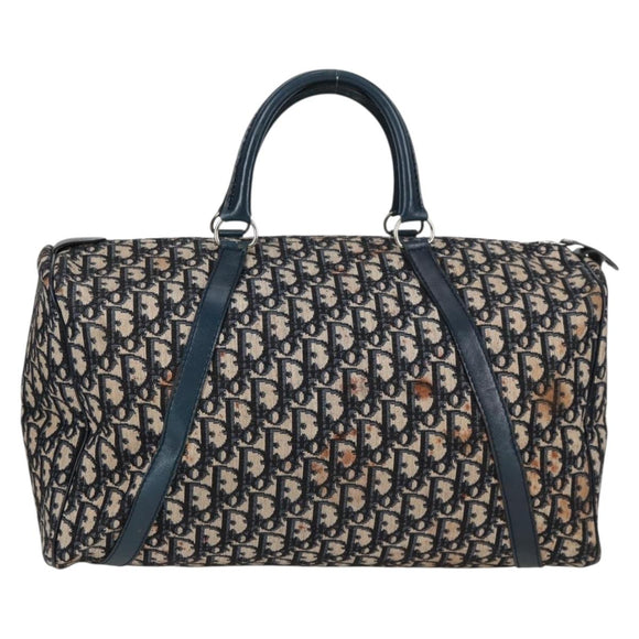 Christian Dior Trotter Canvas Boston Bag Navy Silver Auth 129623