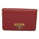 PRADA Chain Shoulder Bag Leather Red Gold Auth 129643-13