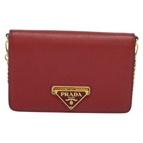 PRADA Chain Shoulder Bag Leather Red Gold Auth 129643
