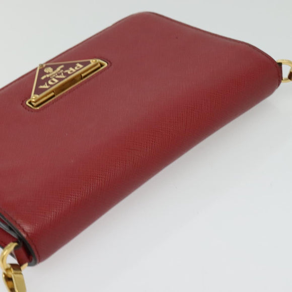 PRADA Chain Shoulder Bag Leather Red Gold Auth 129643