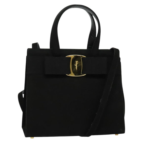 Salvatore Ferragamo Hand Bag Suede 2way Black Silver Auth 129645