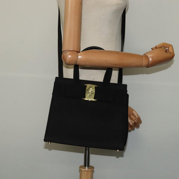 Salvatore Ferragamo Hand Bag Suede 2way Black Silver Auth 129645