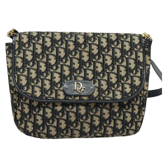 Christian Dior Trotter Canvas Shoulder Bag Navy Gold Auth 129648