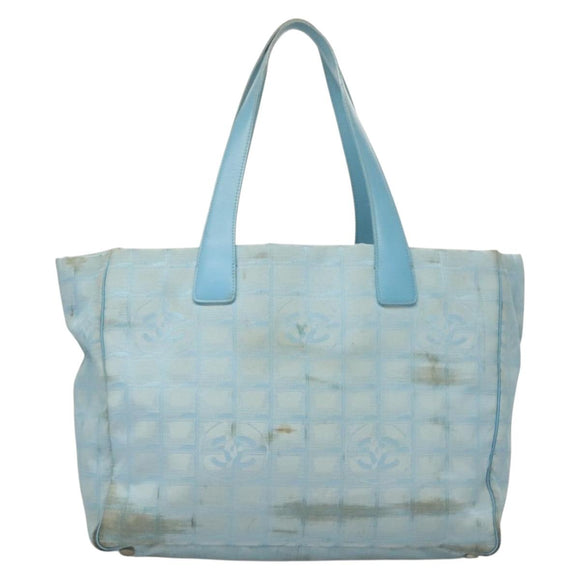 CHANEL New Travel line Tote Bag Light Blue Silver CC Auth 129655