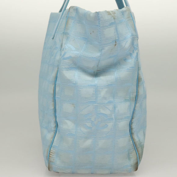 CHANEL New Travel line Tote Bag Light Blue Silver CC Auth 129655