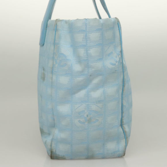 CHANEL New Travel line Tote Bag Light Blue Silver CC Auth 129655