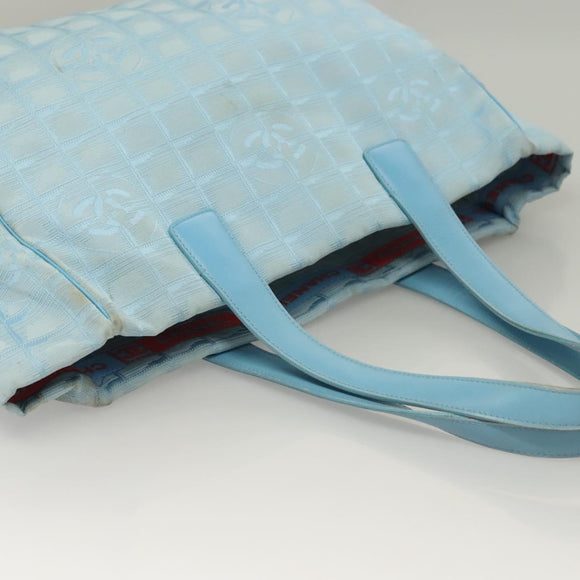 CHANEL New Travel line Tote Bag Light Blue Silver CC Auth 129655