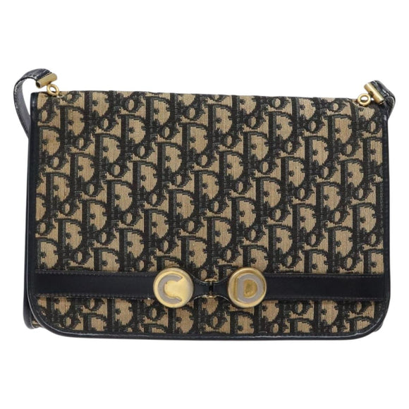 Christian Dior Trotter Canvas Shoulder Bag Navy Gold Auth 129696