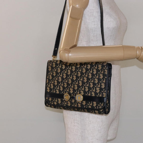Christian Dior Trotter Canvas Shoulder Bag Navy Gold Auth 129696