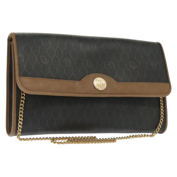 Christian Dior Honeycomb Canvas Chain Shoulder Bag PVC Black Gold Auth 129697