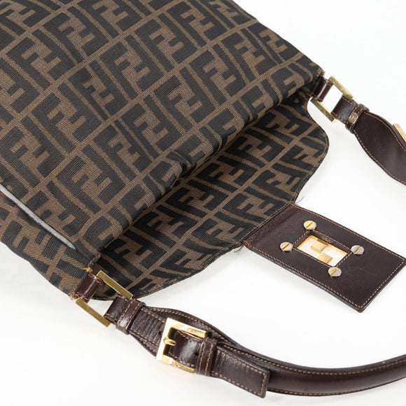 FENDI Zucca Canvas Shoulder Bag Black Brown gold Auth 129703