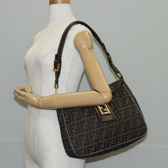 FENDI Zucca Canvas Shoulder Bag Black Brown gold Auth 129703