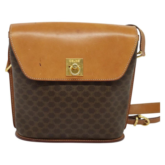 CELINE Macadam Canvas Shoulder Bag PVC Leather Brown Gold Auth 129705