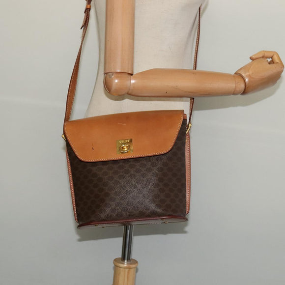 CELINE Macadam Canvas Shoulder Bag PVC Leather Brown Gold Auth 129705