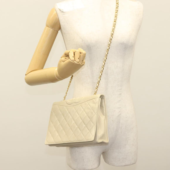 CHANEL Matelasse Chain Shoulder Bag Lamb Skin Ivory Gold CC Auth 129736