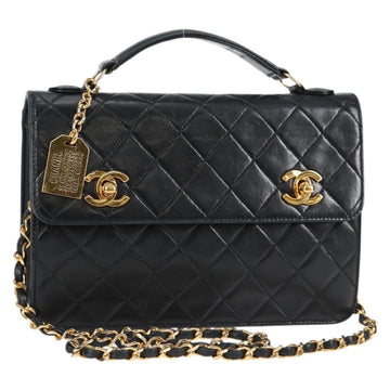CHANEL Matelasse Chain Shoulder Bag Lamb Skin 2way Black Gold CC Auth 129737SV