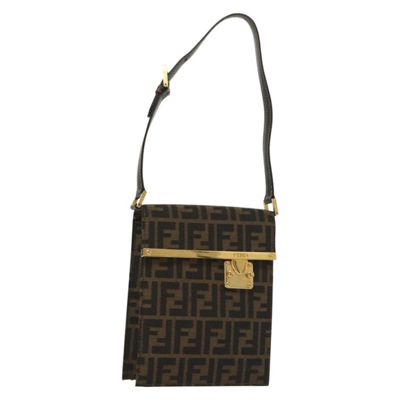 FENDI Zucca Canvas Shoulder Bag Black Brown Auth 129768