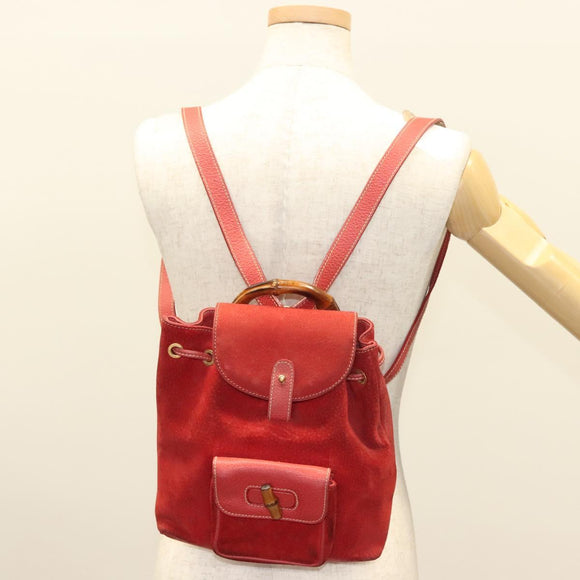 GUCCI Bamboo Backpack Suede Leather Red Gold 003 1956 0030 Auth 129916