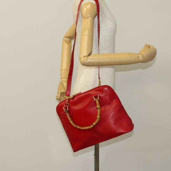 GUCCI Bamboo Hand Bag Leather Red Gold 000 2214 0289 Auth 129921
