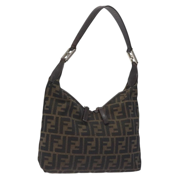 FENDI Zucca Canvas Shoulder Bag Black Brown Auth 129931