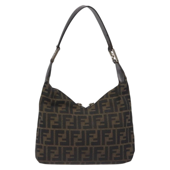 FENDI Zucca Canvas Shoulder Bag Black Brown Auth 129931