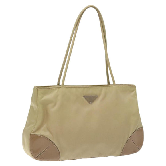 PRADA Tote Bag Nylon Leather Beige Silver Auth 129939