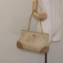 PRADA Tote Bag Nylon Leather Beige Silver Auth 129939-23