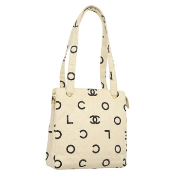 CHANEL Tote Bag Canvas White Gold CC Auth 129951