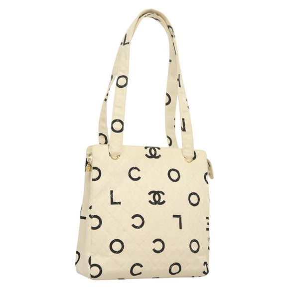 CHANEL Tote Bag Canvas White Gold CC Auth 129951
