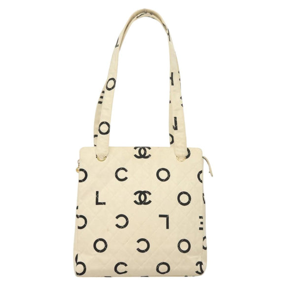 CHANEL Tote Bag Canvas White Gold CC Auth 129951