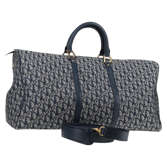 Christian Dior Trotter Canvas Boston Bag Navy Gold Auth 129964SAV